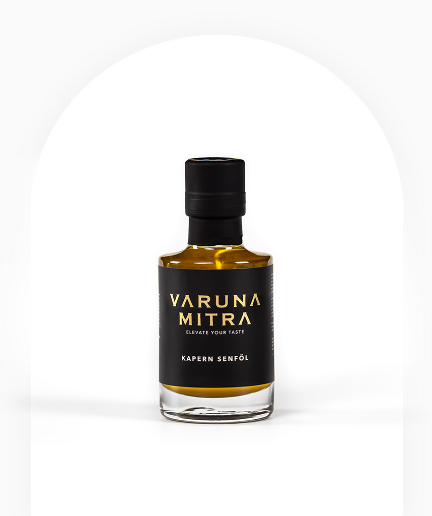 Varuna Mitra Kapern Senföl Würzöl in der Flasche