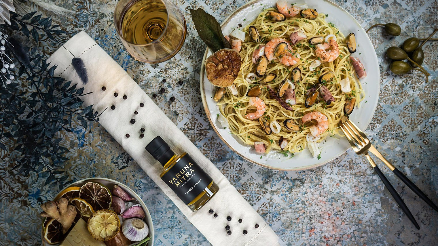 Kapern Würzöl mit Pasta Frutti di Mare