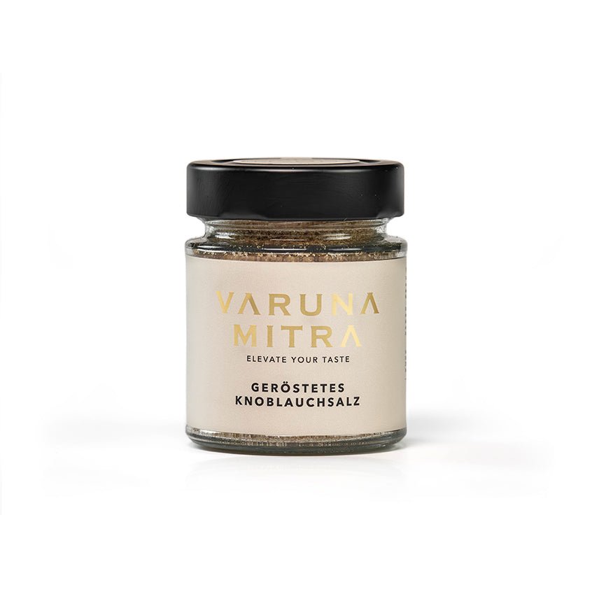 Varuna Mitra Geröstetes Knoblauchsalz Glas Produktfoto auf weiß